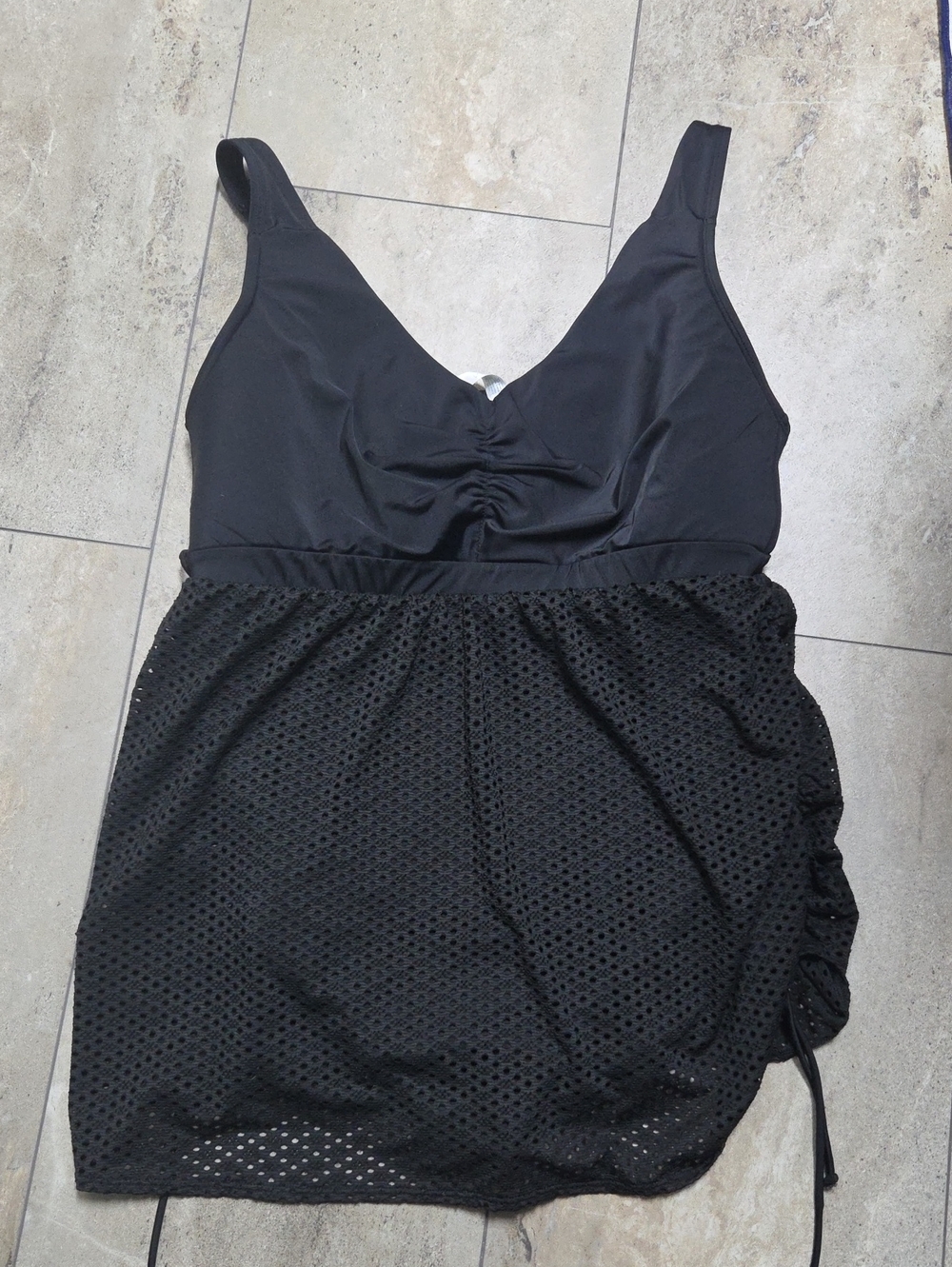 - Cacique Black One-Piece Swim Dress with Eyelet Skirt